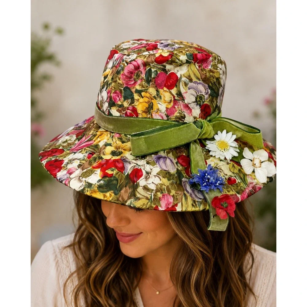 Vintage Luci Puci Floral Sun Hat Green Velvet Ribbon 3D Flowers Made in USA